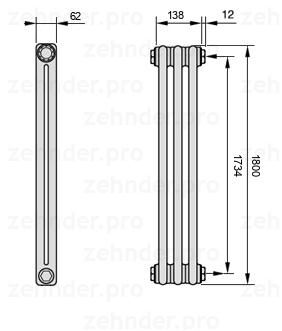 Схема (чертеж) Радиатор Zehnder Charleston 2180/3 №7610 Белый глянцевый RAL 9016